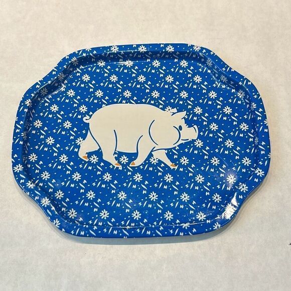 Vtg Tin Metal Pig Trays Small Nightstand Childs Farm Animals Set 3 Blue Decor Ki - Picture 2 of 8